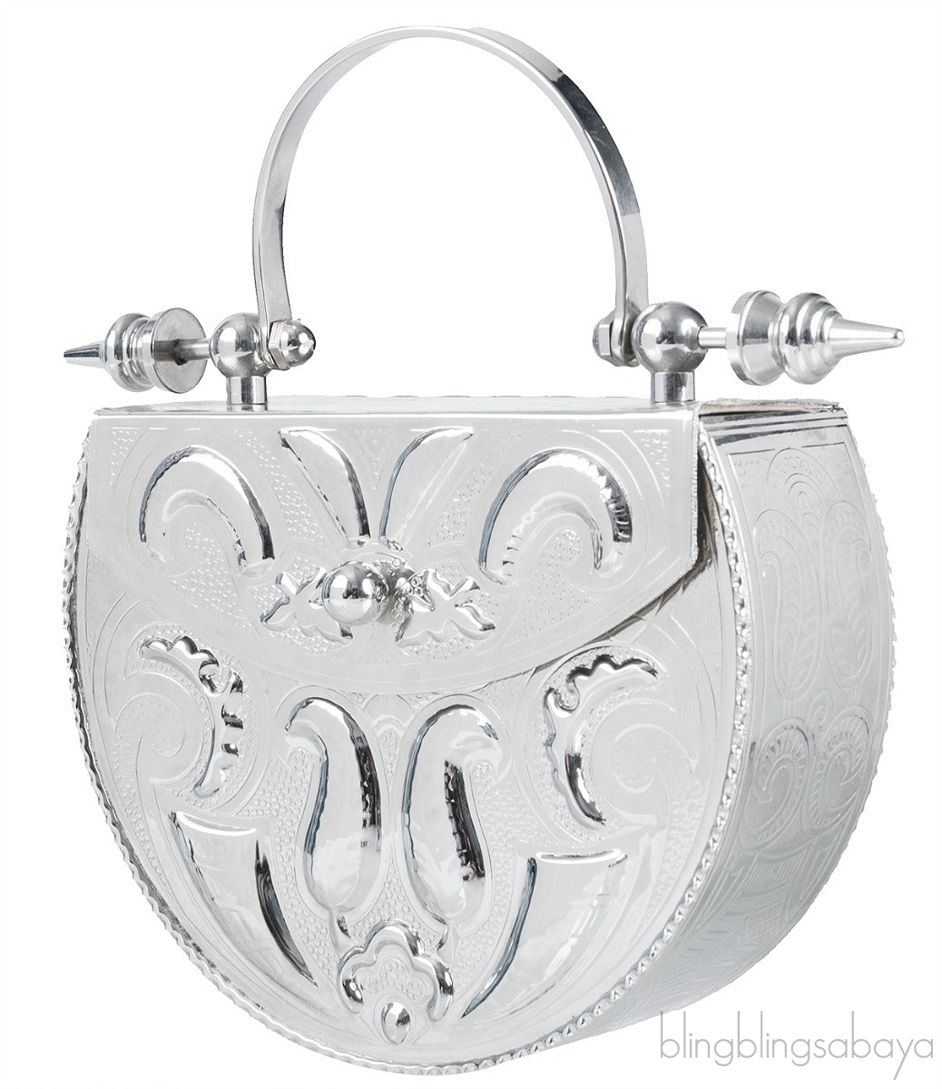 Silver Palmette Oval Minaudiere Clutch