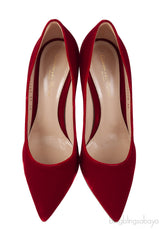Red velvet pointed toe heels