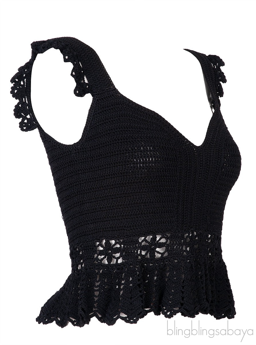 Black Crochet Ruffled Top