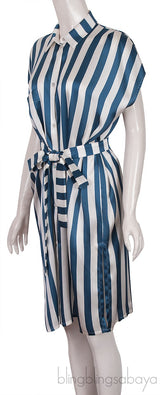 Blue & Off-white Stripe Belted Dress