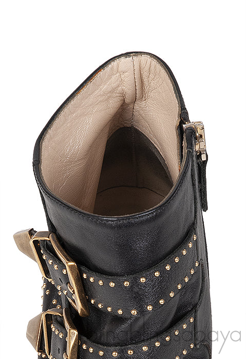 Black Leather Metal Beads Strappy Boots