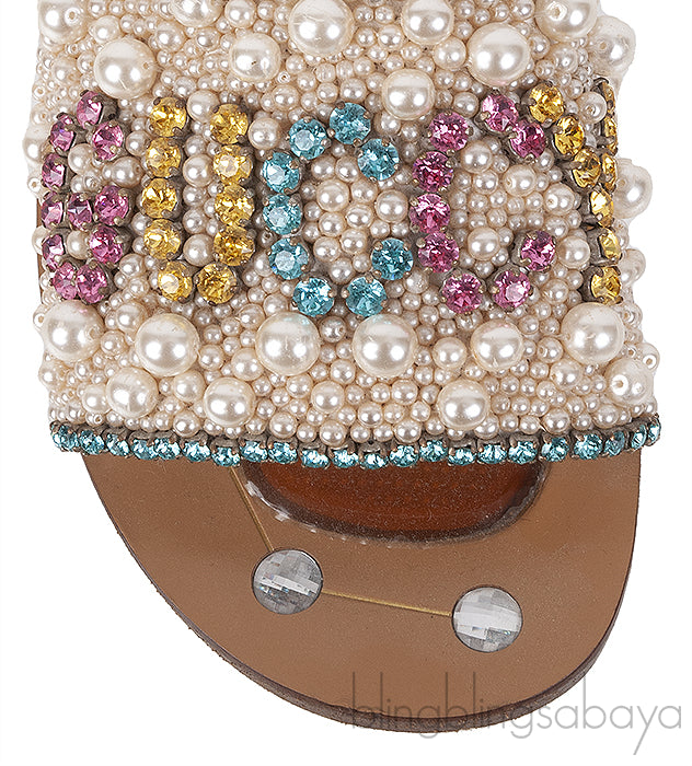 Guccy Pearl and Crystal Embellished Slide Sandals