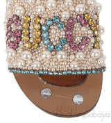 Guccy Pearl and Crystal Embellished Slide Sandals