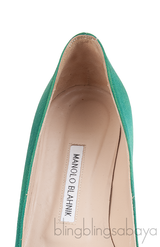 Manolo Blahnik Emerald Green Satin Hangisi Flat Shoes