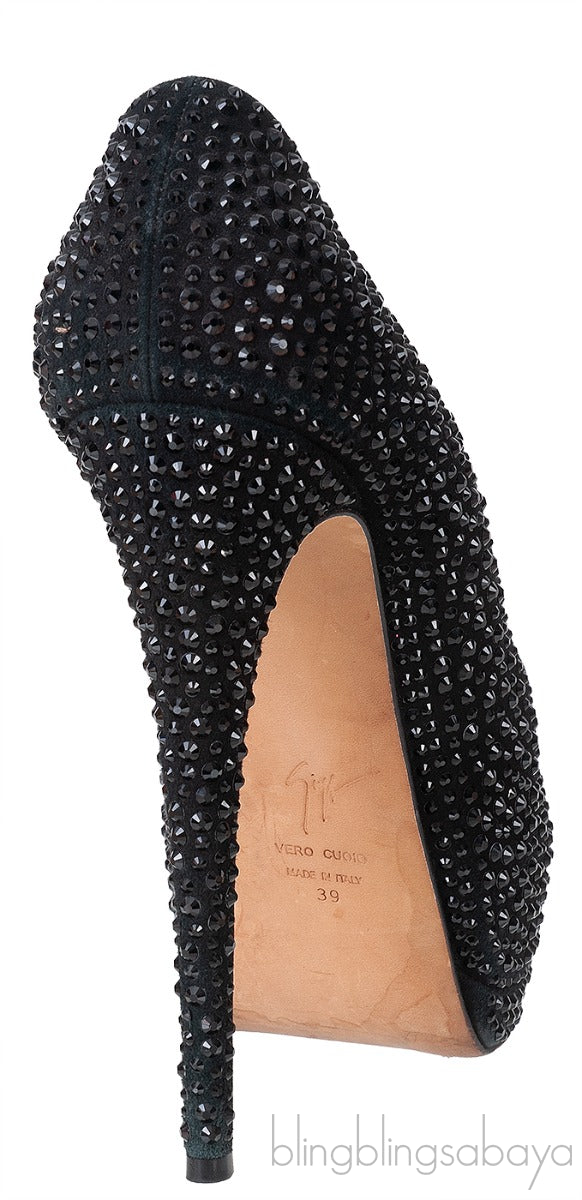 Black Crystal Embellished Peep Toe Heels