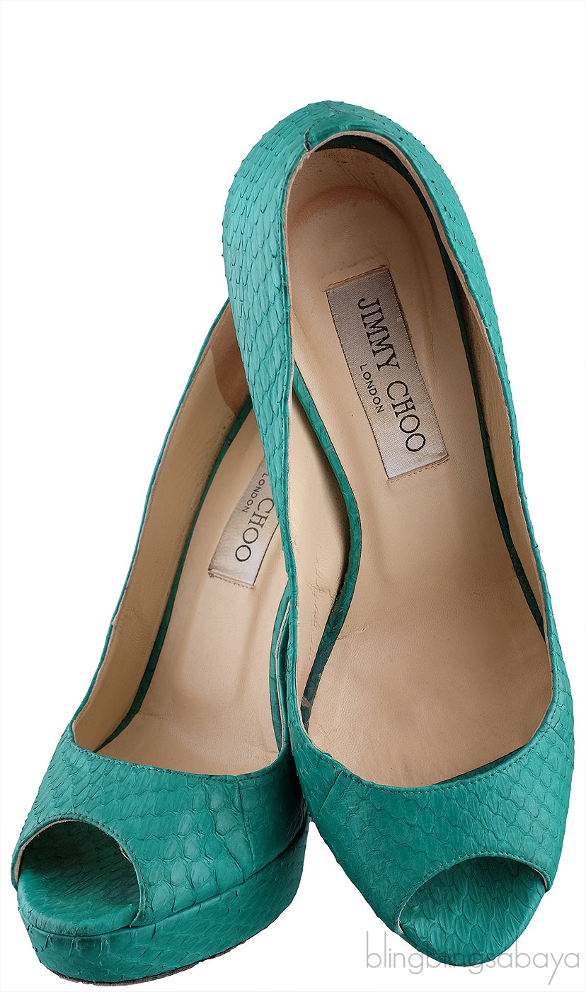 Green Snakeskin Peep Toe Heels