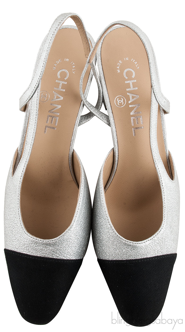 Silver Metallic Cap Toe Slingback
