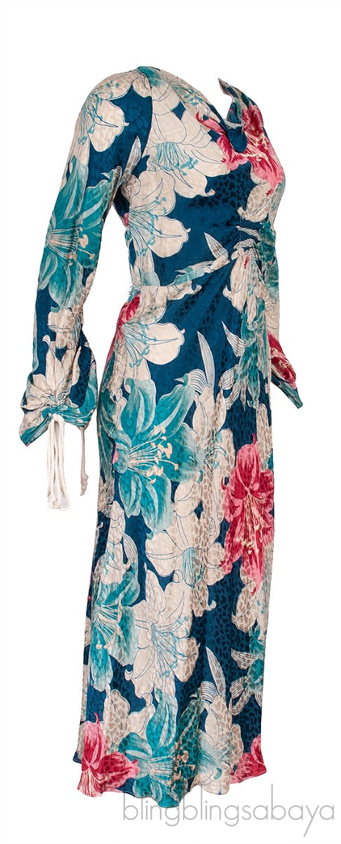 Blue Floral Print Gathered Midi Dress
