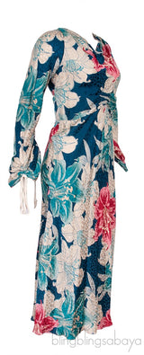 Blue Floral Print Gathered Midi Dress