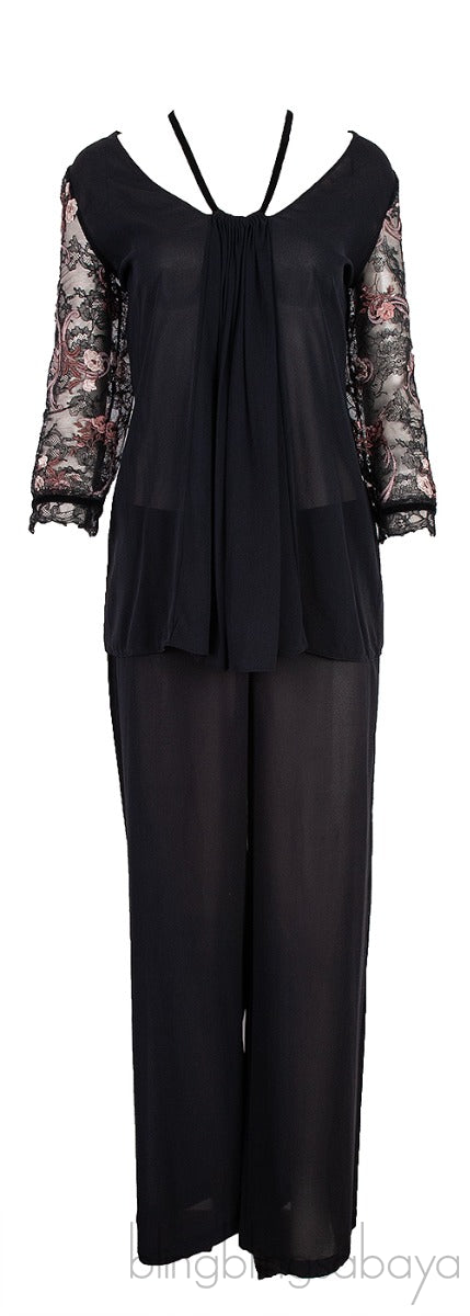 Black  Lace Floral Embroidered Sleeve Pajama Set
