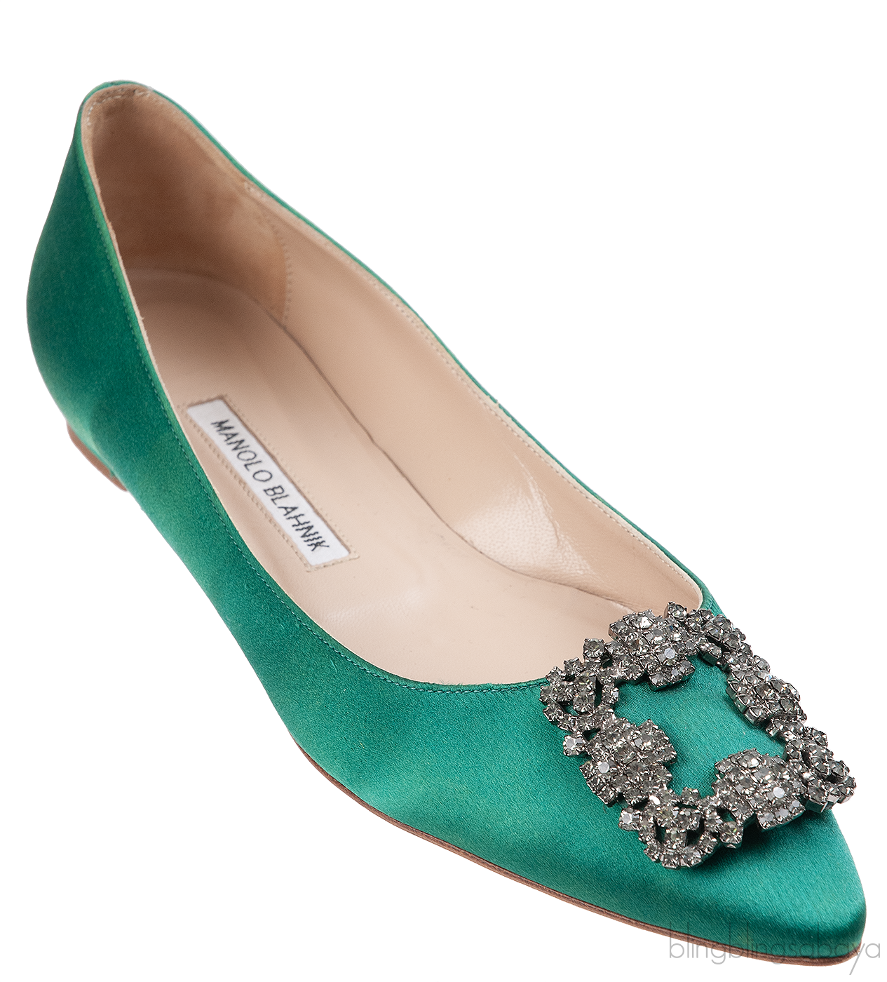 Manolo Blahnik Emerald Green Satin Hangisi Flat Shoes