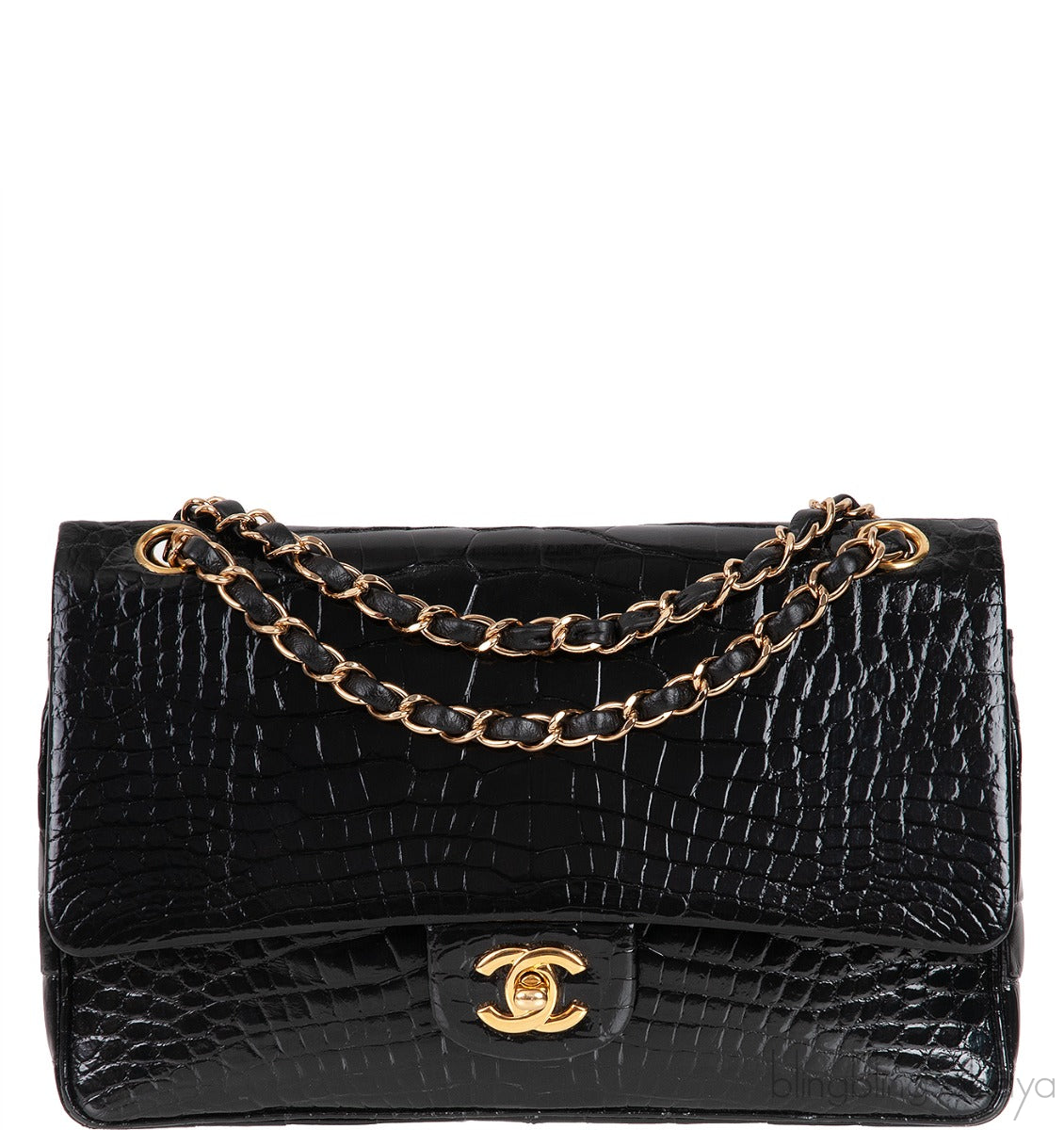 Vintage Black Patent Crocodile Medium Double Flap Bag GHW