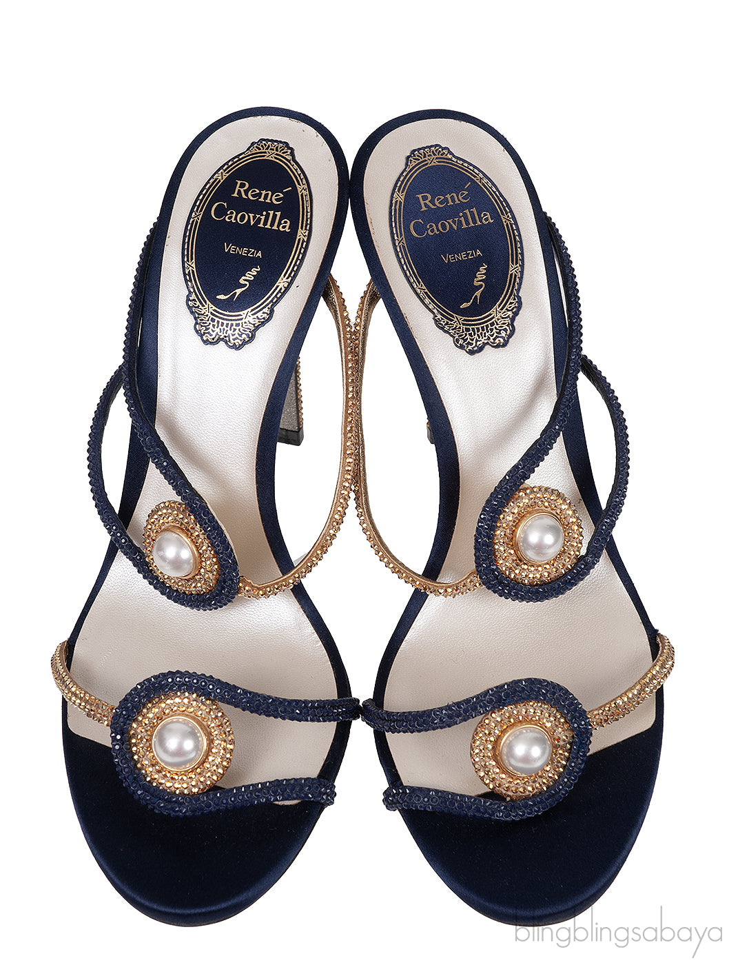 Pearl & Gold Crystal Blue Satin Sandals