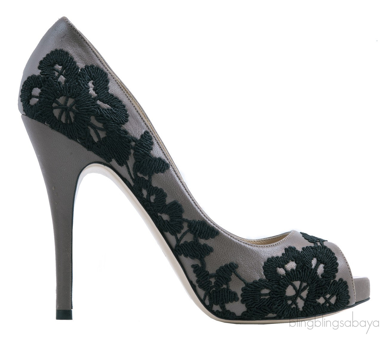 Lace Embroidered Leather Peep Toe