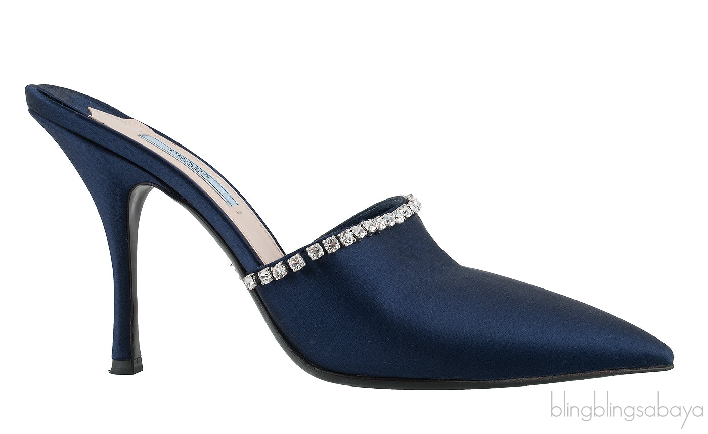 Navy Blue Crystal Trim Slide Sandals