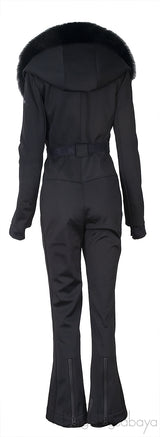 Mackage Black Elle Hooded Belted Shearling-trimmed Padded Ski Suit