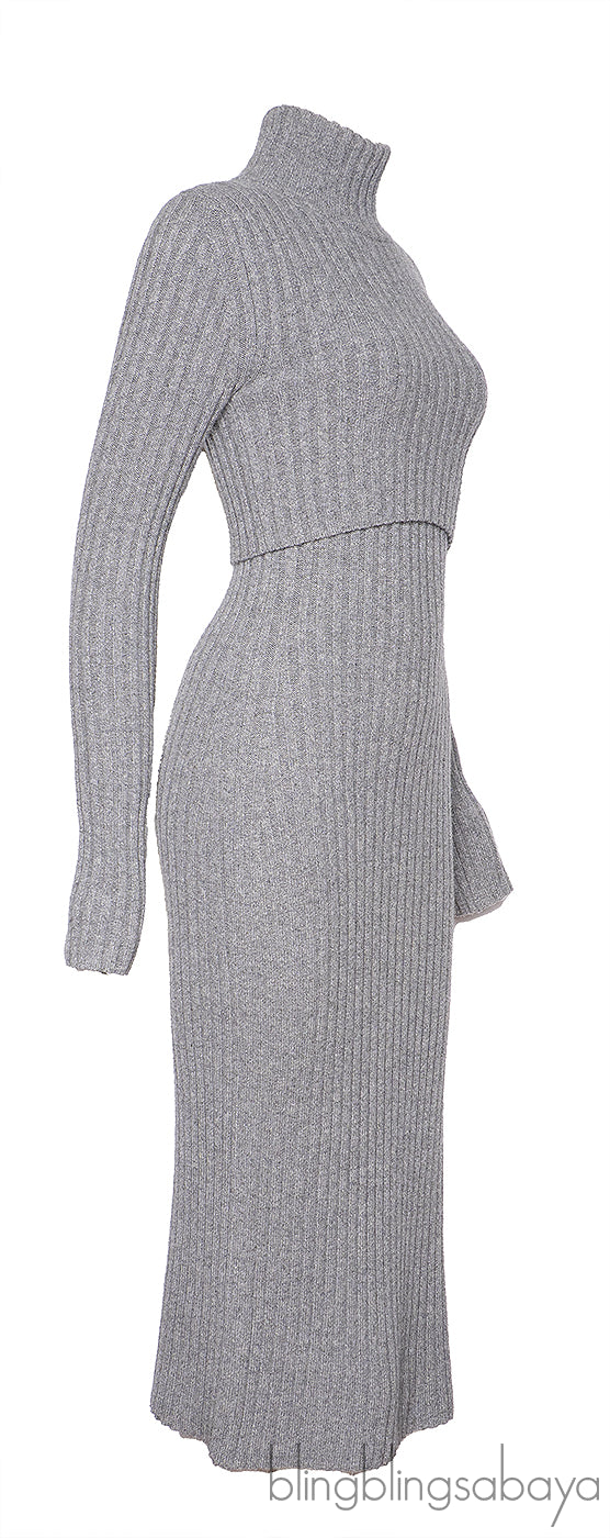 Sportmax Grey Ribbed Wool-Blend Midi Dress with Orange Panels
