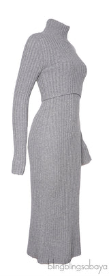 Sportmax Grey Ribbed Wool-Blend Midi Dress with Orange Panels
