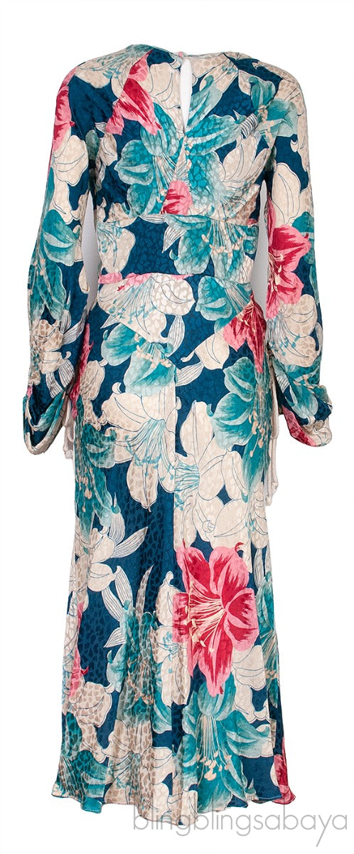 Blue Floral Print Gathered Midi Dress