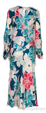 Blue Floral Print Gathered Midi Dress
