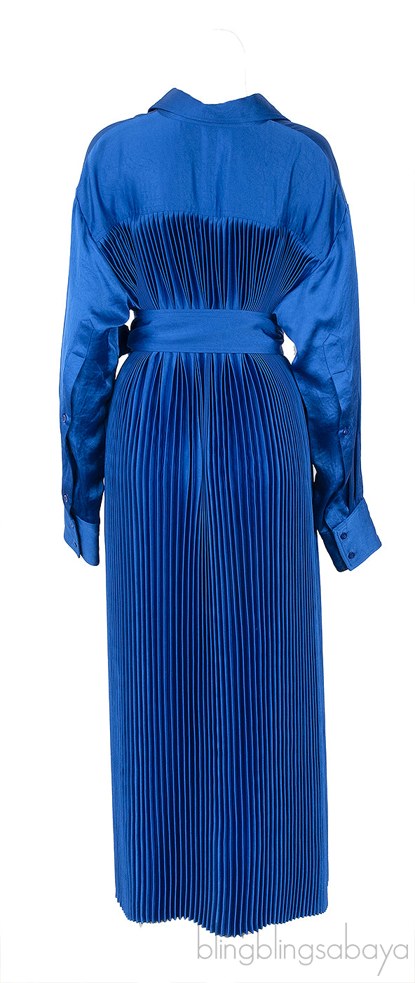Blue Belted Pleated Satin Shirt Dress