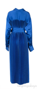 Blue Belted Pleated Satin Shirt Dress