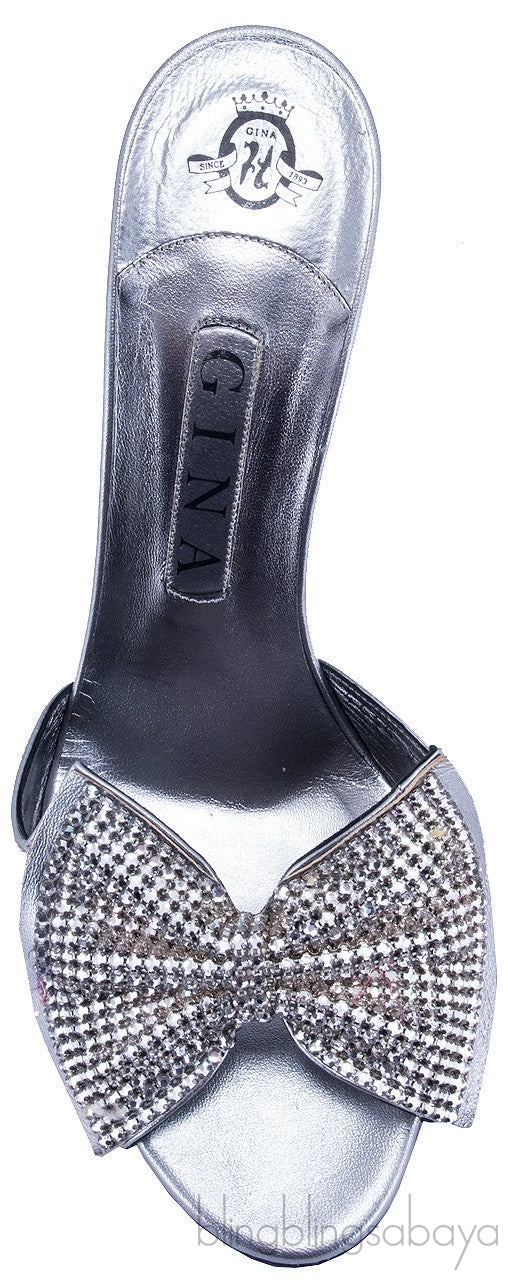Silver Leather Bow Crystal Sandals