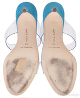 Manolo Blahnik Teal Blue Suede & Clear Eco PVC Scolto Open Toe Mules