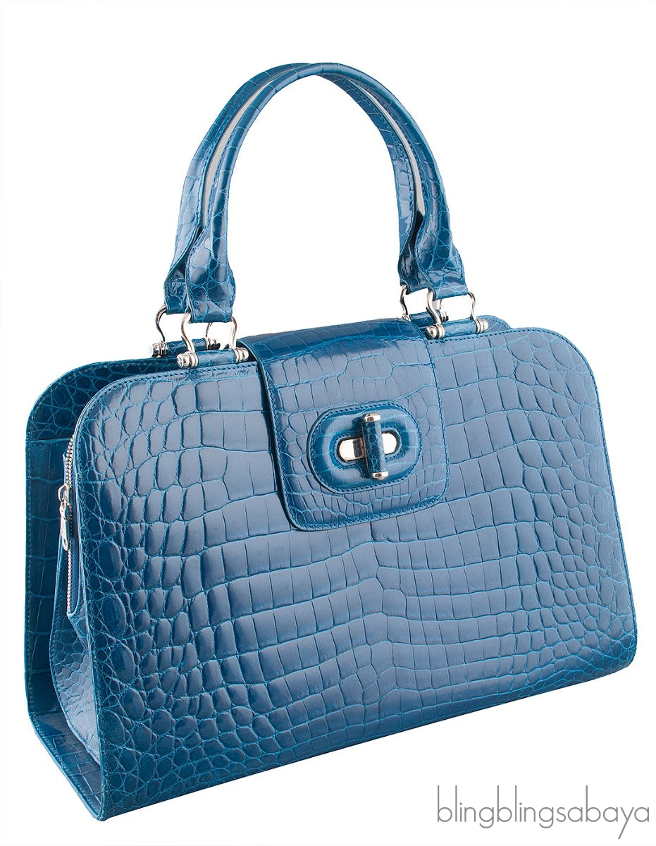 Blue Crocodile Large Top Handle Bag
