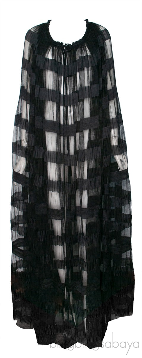 Black Pleated Mesh Long Cape