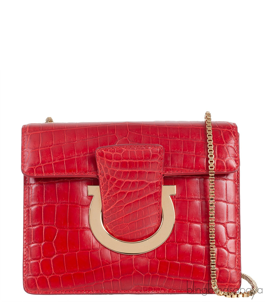 Salvatore Ferragamo Red Crocodile Gancio Shoulder Bag