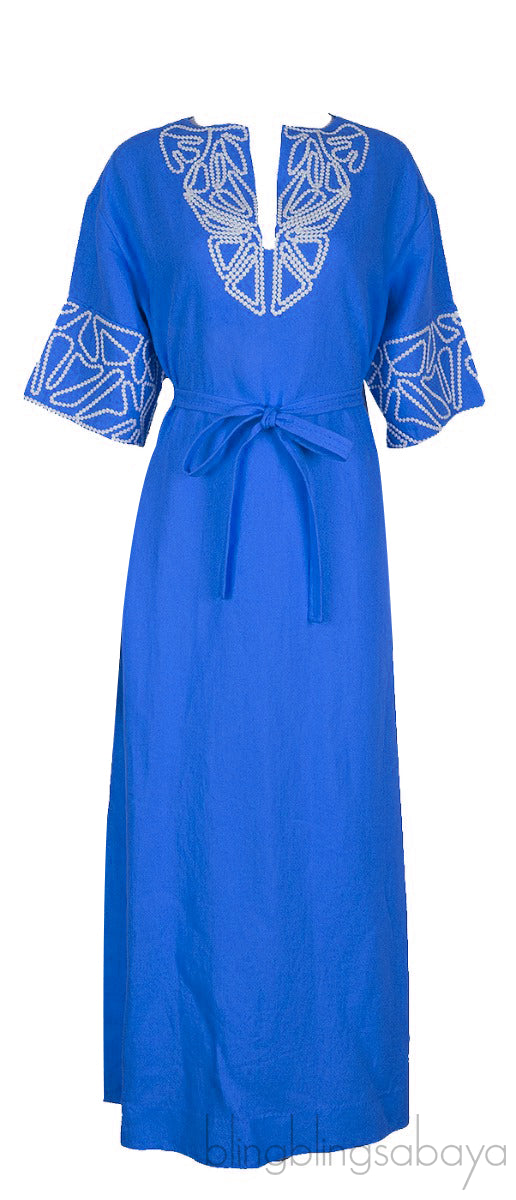 Blue Linen Embroidered Kaftan Dress