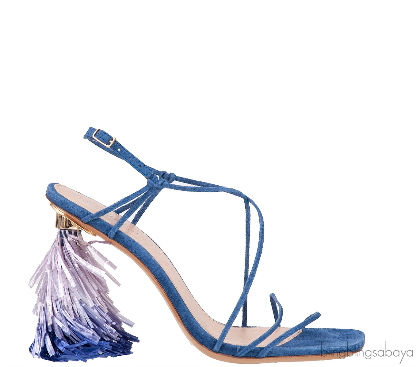 Jacquemus Blue Raffia Pompom Heel Suede Sandals