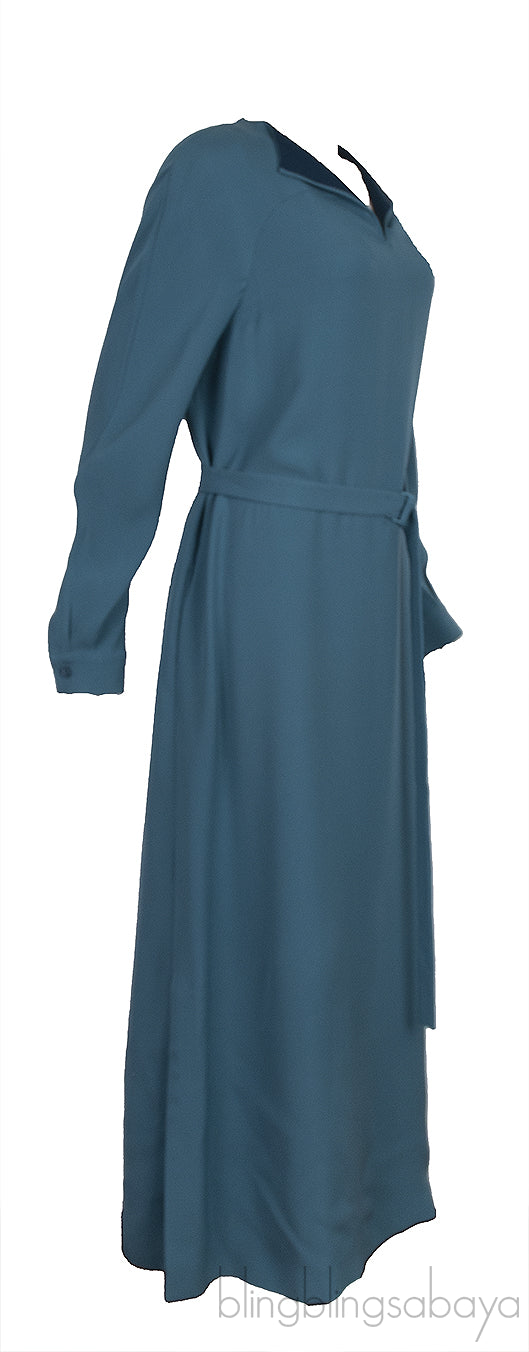 Blue Green V-neck Belted Dress