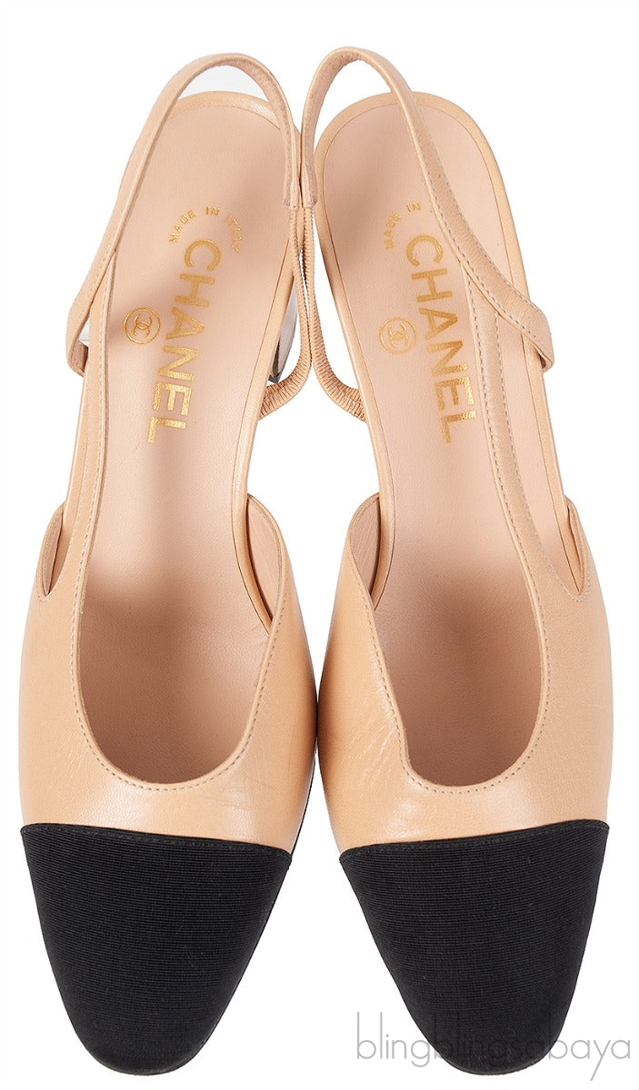 Beige Leather Cap Toe Slingback Shoes