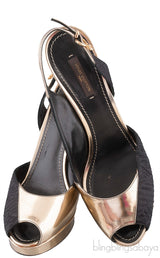Gold Leather Black Fabric Slingback