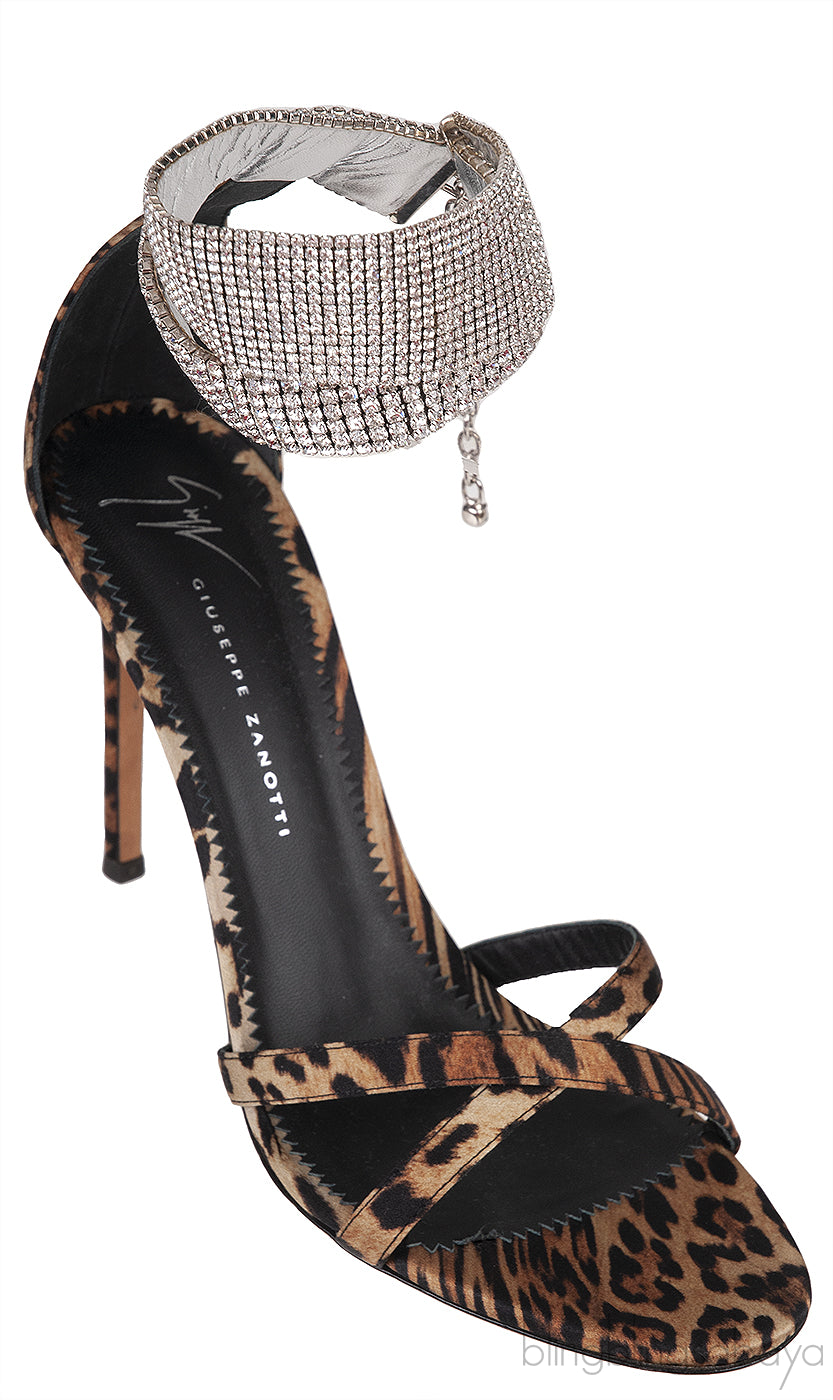 Leopard Print Satin Crystal Sandals