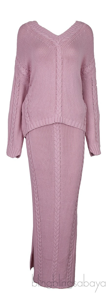 Light Pink Cable-knit Sweatshirt and Midi Skirt
