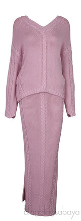 Light Pink Cable-knit Sweatshirt and Midi Skirt