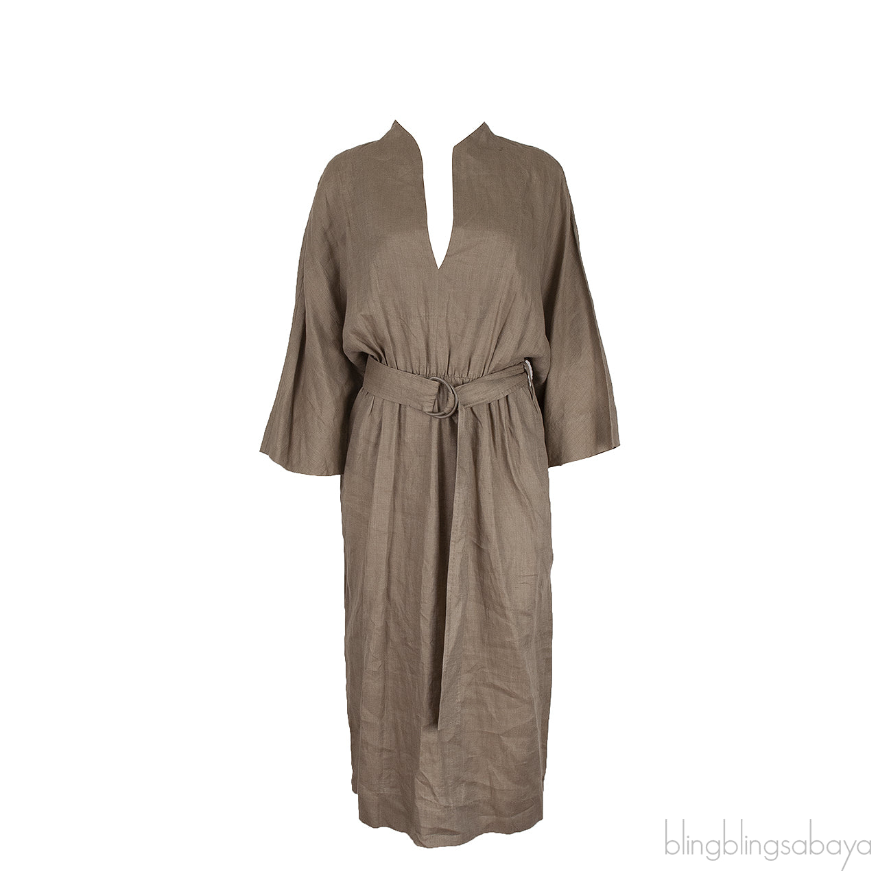 Moss Green V-neck Belted Linen Midi Dress