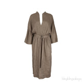 Moss Green V-neck Belted Linen Midi Dress