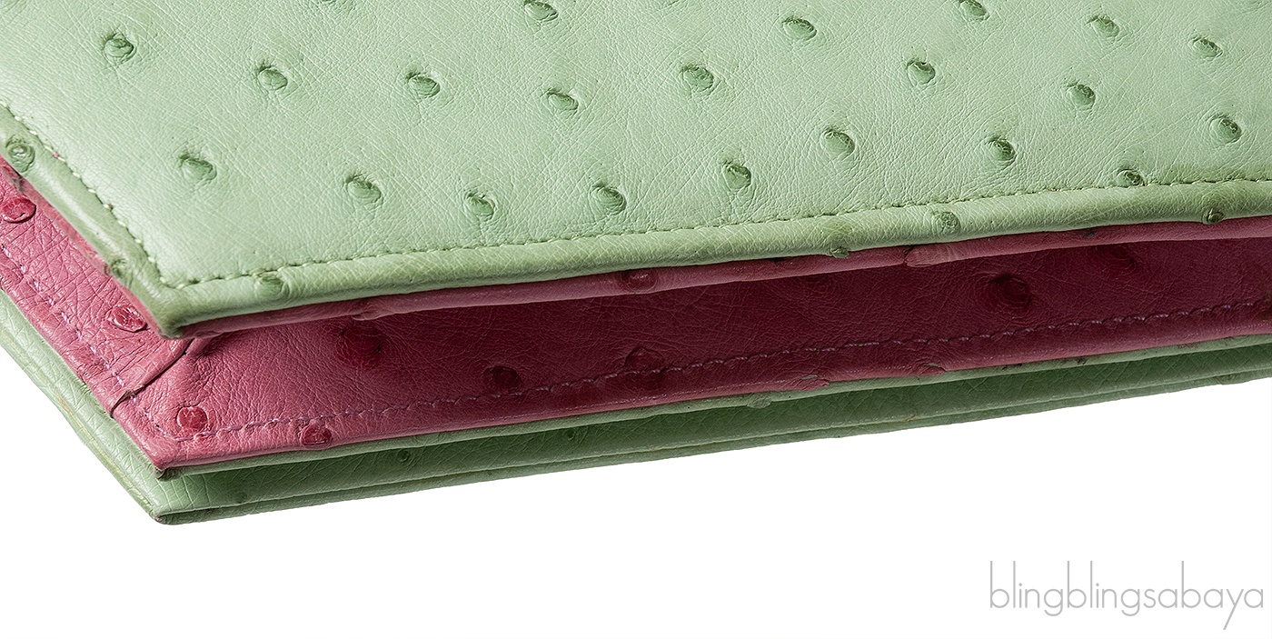 Laykh Apple Green & Pink Ostrich Trapezoid Clutch