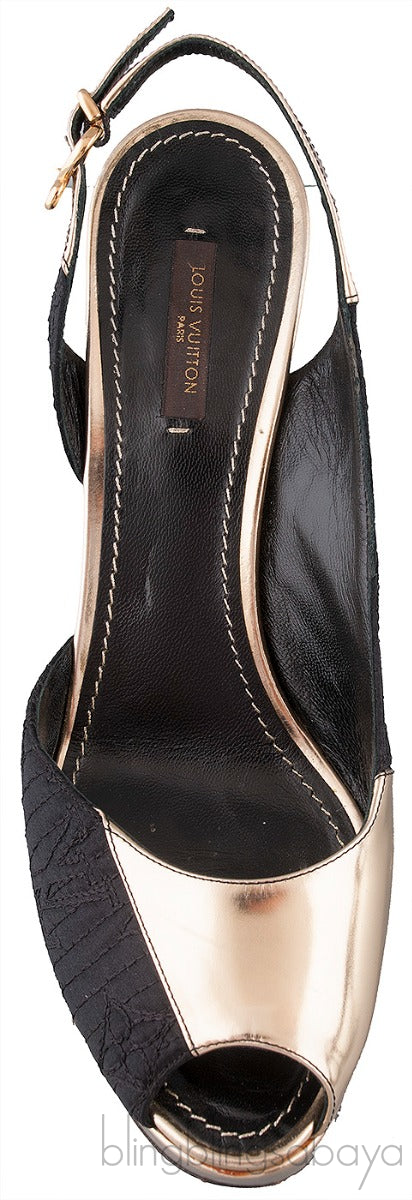 Gold Leather Black Fabric Slingback