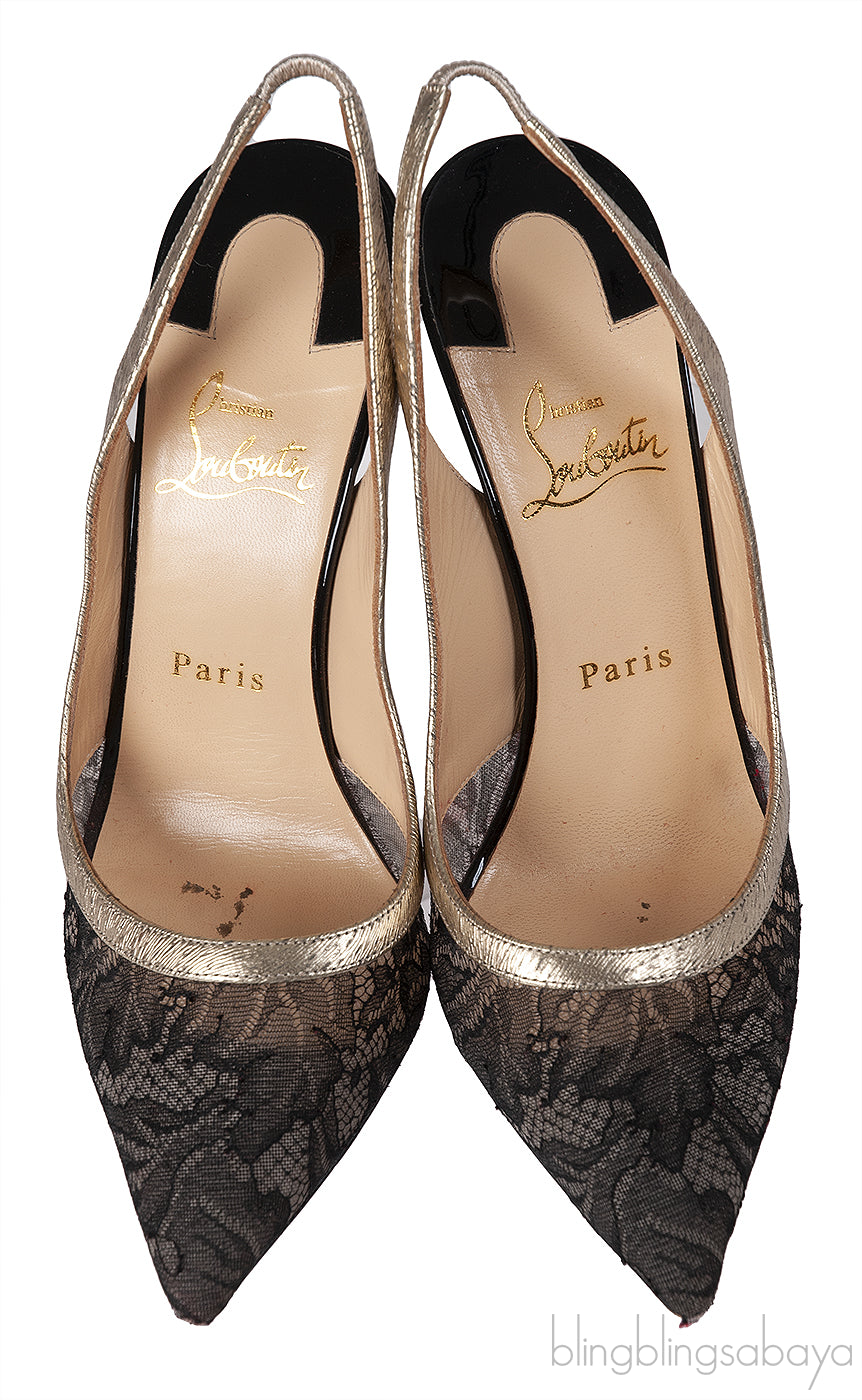Christian Louboutin Black Floral Lace Gold Trim Slingback Heels