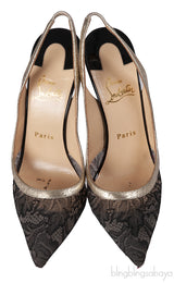 Christian Louboutin Black Floral Lace Gold Trim Slingback Heels