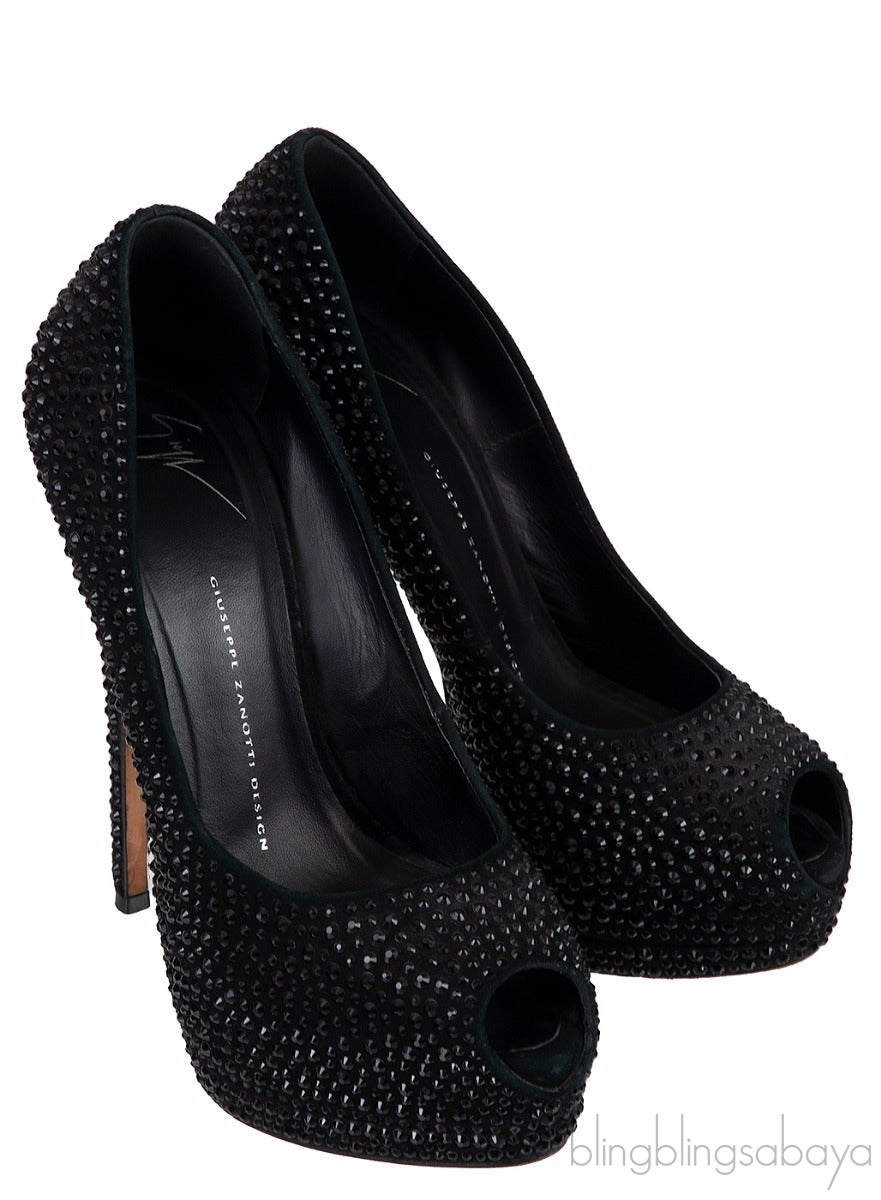 Black Crystal Embellished Peep Toe Heels