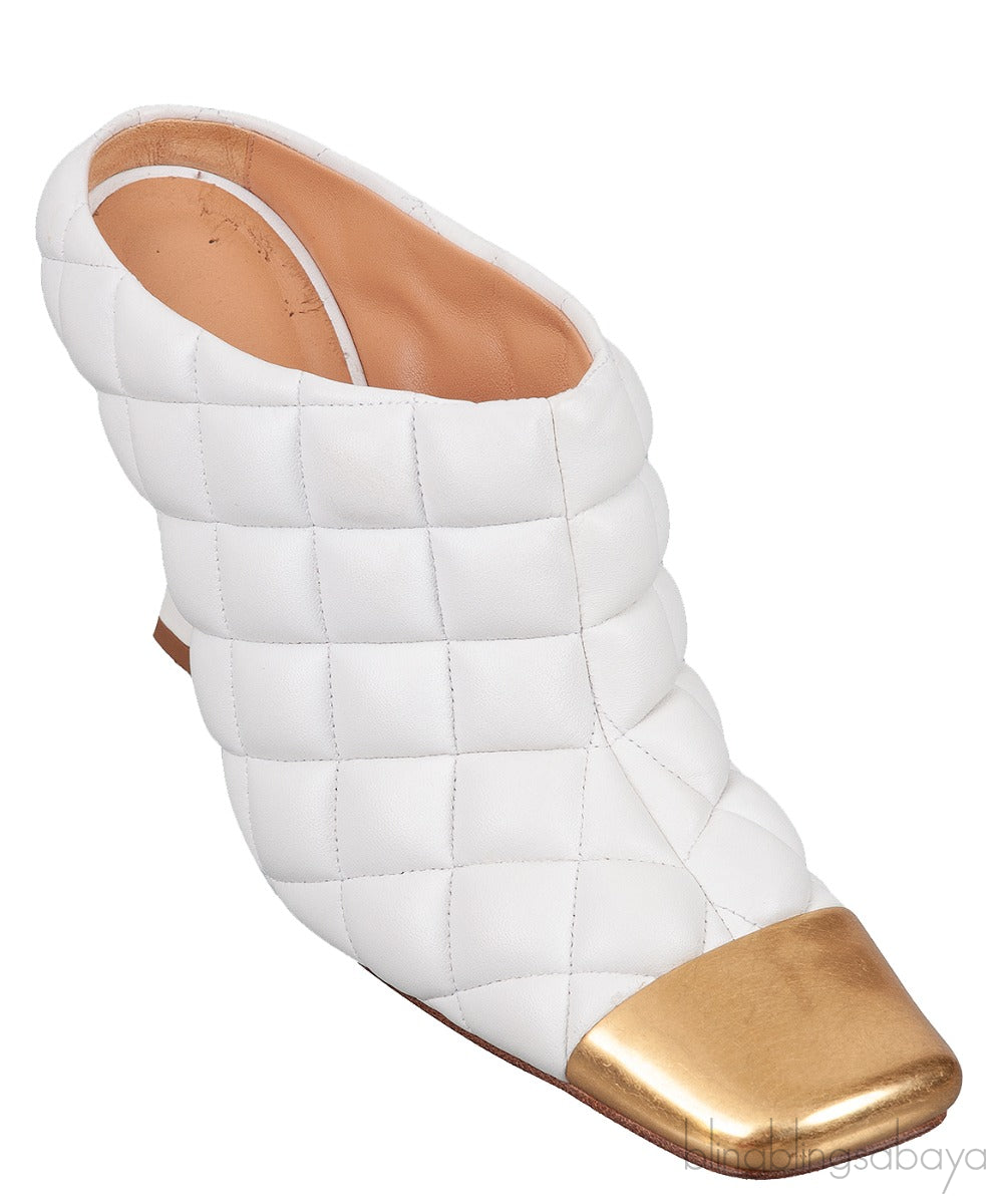 Bottega Veneta White Quilted Gold Square Toe Mule