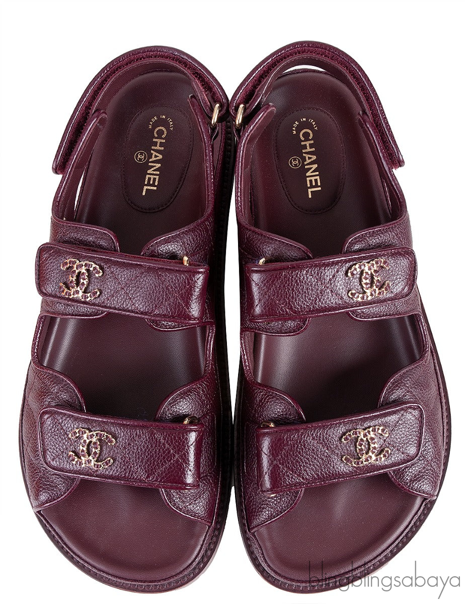 Quilted Leather CC Velcro Burgundy Sandals
