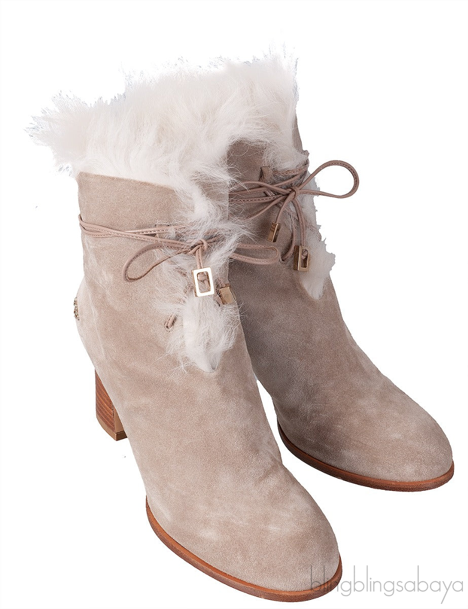 Grey Fur Trim Lace Ankle Boots
