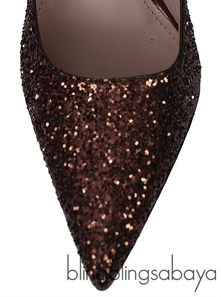 Bronze Glitter Pointed Toe Crystal Embellished Heels